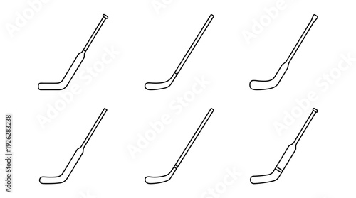 hockey sticks , 6 black delicate line drawings vector set collection , white background , PNG and SVG	