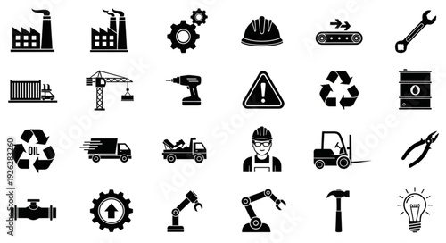 Industrial Icons Collection Representing Manufacturing and Construction Elements.