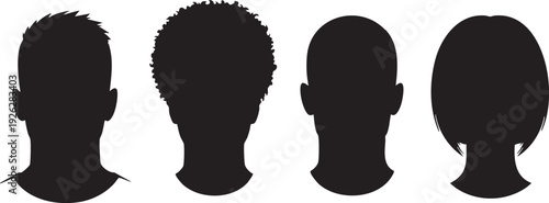 Four distinct silhouettes of human heads showcasing various hairstyles