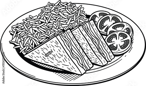 Hand drawn sketch of a delicious sandwich platter with fresh tomato and lettuce salad on a plate.