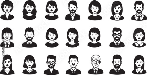 Diverse group of people illustrated in a minimalist black and white style