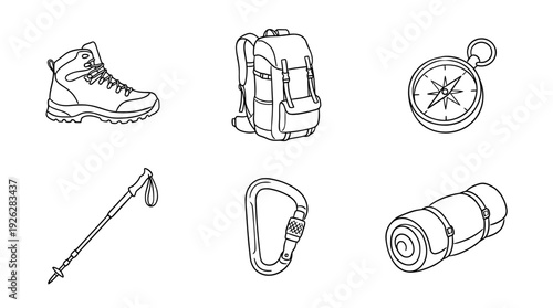 hiking gear , 6 black delicate line drawings vector set collection , white background , PNG and SVG	