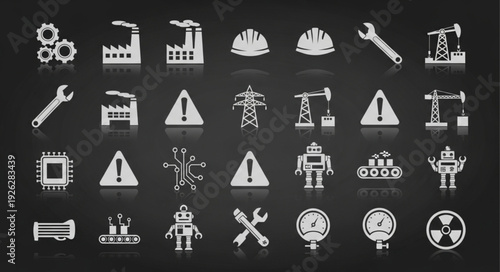 Industrial icons representing various aspects of manufacturing and construction processes.