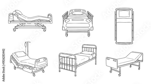 hospital beds , 6 black delicate line drawings vector set collection , white background , PNG and SVG	