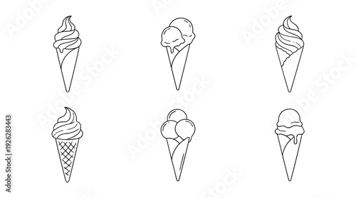 ice cream cones , 6 black delicate line drawings vector set collection , white background , PNG and SVG	