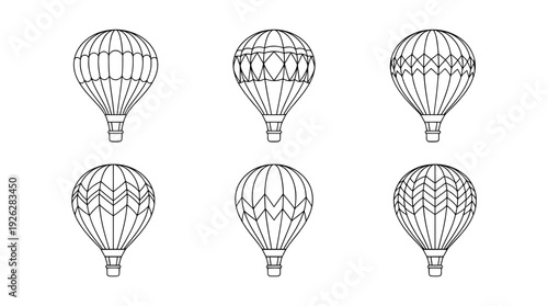 hot air balloons , 6 black delicate line drawings vector set collection , white background , PNG and SVG	