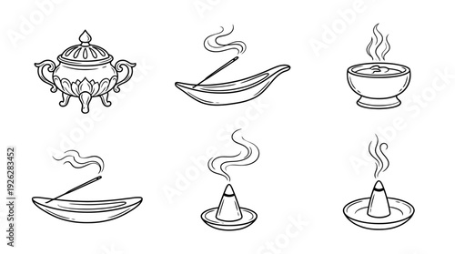 incense burners , 6 black delicate line drawings vector set collection , white background , PNG and SVG	