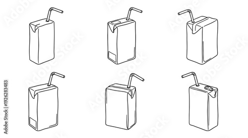 juice boxes , 6 black delicate line drawings vector set collection , white background , PNG and SVG	