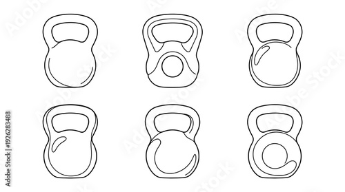 kettlebells , 6 black delicate line drawings vector set collection , white background , PNG and SVG	