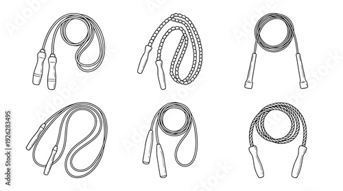 jump ropes , 6 black delicate line drawings vector set collection , white background , PNG and SVG	