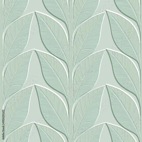 Seamless 3D pattern with embossed mint green leaves. Elegant minimalist textured background with emboss relief effect and soft shadows. Modern botanical vector for interior design. Endless texture.
