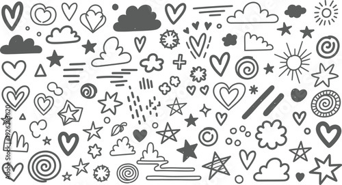 A collection of various cute doodle icons and symbols