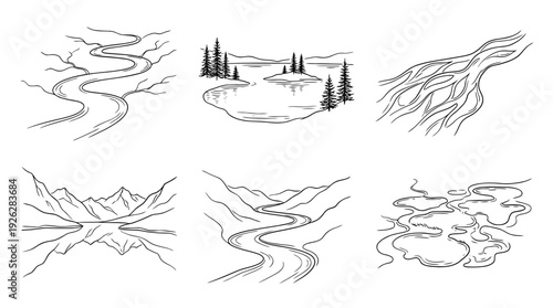 lakes and rivers , 6 black delicate line drawings vector set collection , white background , PNG and SVG	