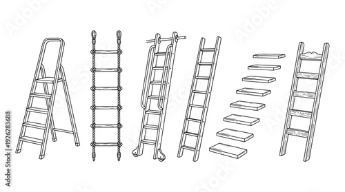 ladder steps , 6 black delicate line drawings vector set collection , white background , PNG and SVG	
