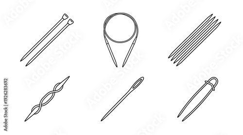 knitting needles , 6 black delicate line drawings vector set collection , white background , PNG and SVG	