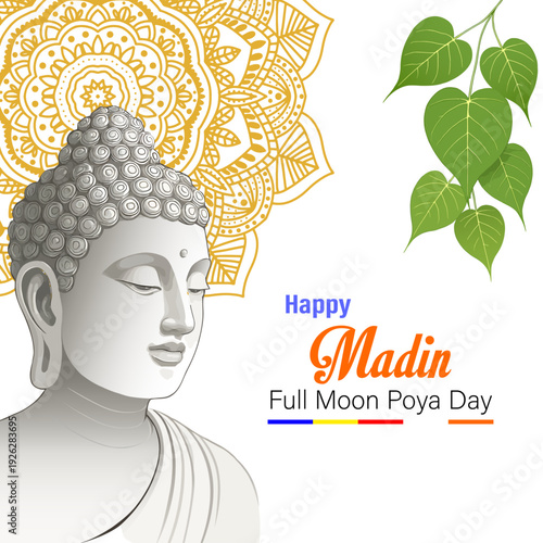 Happy Madin Full Moon Poya Day Greeting with Buddha Statue, Bodhi Leaves, and Golden Mandala Background