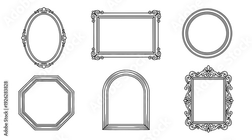 mirror frames , 6 black delicate line drawings vector set collection , white background , PNG and SVG	