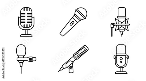 microphones , 6 black delicate line drawings vector set collection , white background , PNG and SVG	