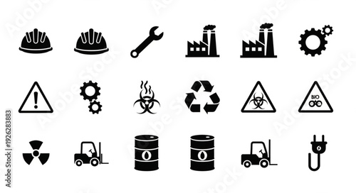 Industrial Icons Set - Safety, Factory, Recycling, and Warning Symbols.