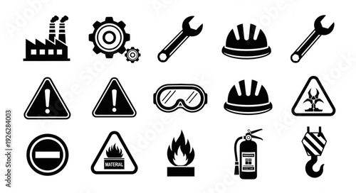 Safety and industrial icons representing tools, warnings, and protection equipment for workplace.