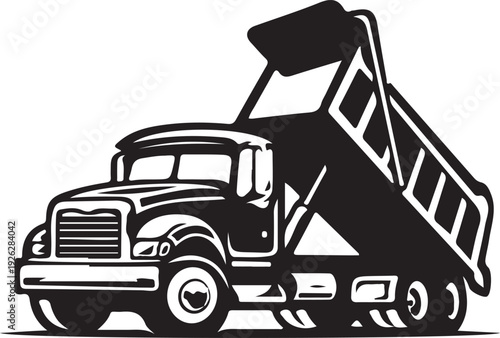 Print Powerful black and white vector graphic of a dump truck with its bed raised, representing construction, material transport, and heavy industry.