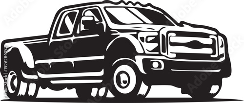 Print Stylized black and white vector illustration of a heavy-duty pickup truck with dual rear wheels, ideal for themes of hauling, work, and American automotive power.