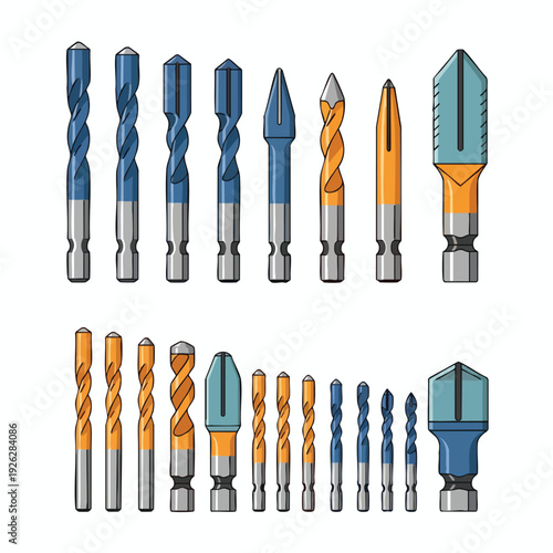 Set of Drill Bits and Tips for Power Tools in Various Sizes and Types