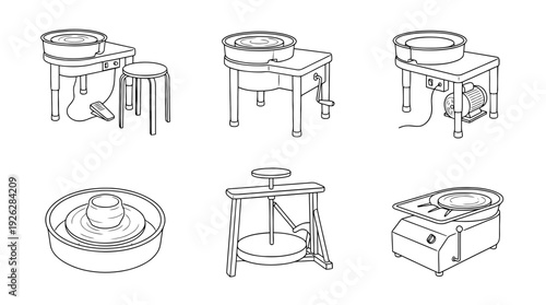 pottery wheels , 6 black delicate line drawings vector set collection , white background , PNG and SVG	