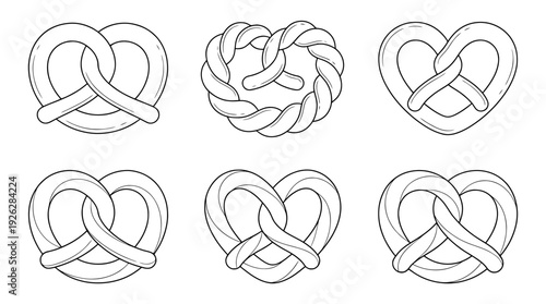 pretzel twists , 6 black delicate line drawings vector set collection , white background , PNG and SVG	