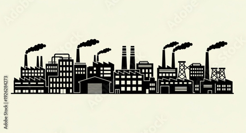 Industrial cityscape silhouette depicting factories with smoke stacks and buildings.