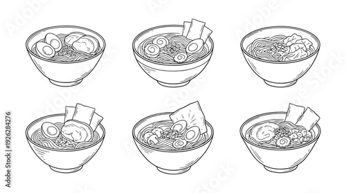 ramen bowls , 6 black delicate line drawings vector set collection , white background , PNG and SVG	