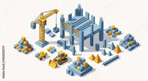 Isometric Construction Site with Crane and Buildings.