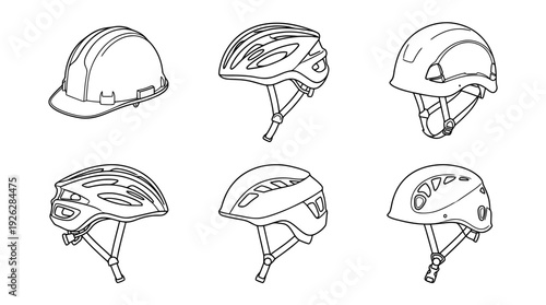 safety helmets , 6 black delicate line drawings vector set collection , white background , PNG and SVG	