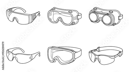safety goggles , 6 black delicate line drawings vector set collection , white background , PNG and SVG	