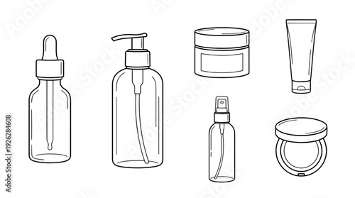 skincare products , 6 black delicate line drawings vector set collection , white background , PNG and SVG	