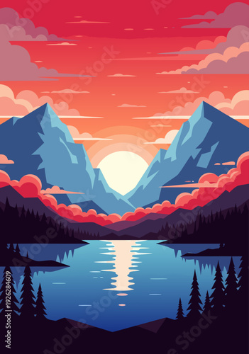 Serene Vector Illustration of Sunset Mountain Landscape with Lake, Clouds, and Silhouetted Trees