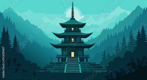 Serene Wooden Pagoda with Eaves and Spire on Stone Staircase in Mountainous Forest Landscape – Vector Illustration