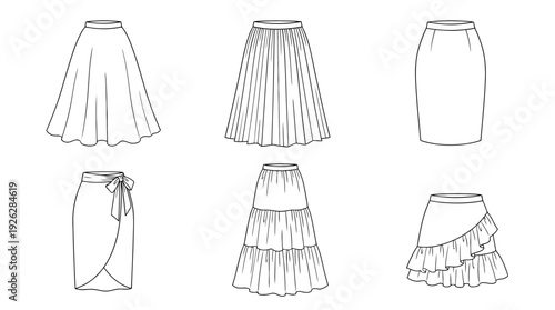 skirts , 6 black delicate line drawings vector set collection , white background , PNG and SVG	