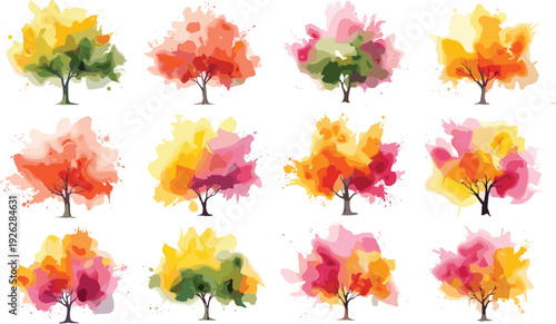 Beautiful watercolor vector illustration set of twelve colorful autumn trees with vibrant orange yellow pink and green foliage for seasonal nature landscape branding