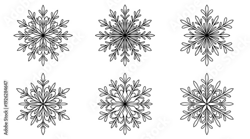 snowflakes , 6 black delicate line drawings vector set collection , white background , PNG and SVG	