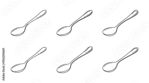 soup spoons , 6 black delicate line drawings vector set collection , white background , PNG and SVG	