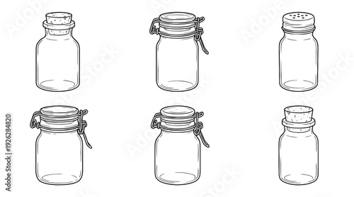 spice jars , 6 black delicate line drawings vector set collection , white background , PNG and SVG	