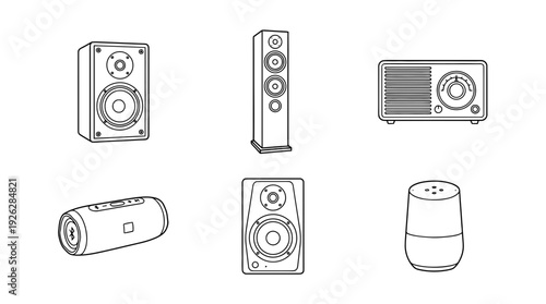 speakers , 6 black delicate line drawings vector set collection , white background , PNG and SVG	