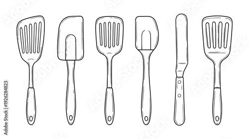 spatula types , 6 black delicate line drawings vector set collection , white background , PNG and SVG	