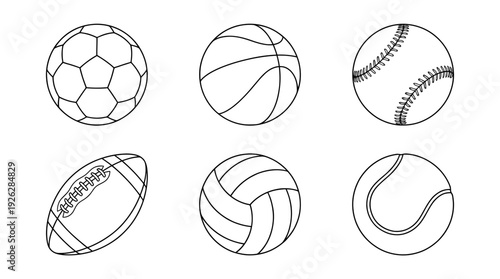 sports balls , 6 black delicate line drawings vector set collection , white background , PNG and SVG	