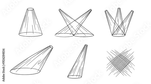 spotlight beams , 6 black delicate line drawings vector set collection , white background , PNG and SVG	