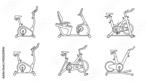 stationary bikes , 6 black delicate line drawings vector set collection , white background , PNG and SVG	