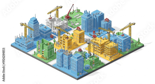 Isometric City Construction Site Buildings.