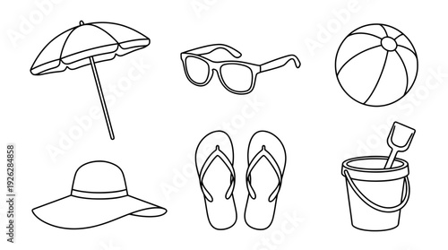 summer beach items , 6 black delicate line drawings vector set collection , white background , PNG and SVG	