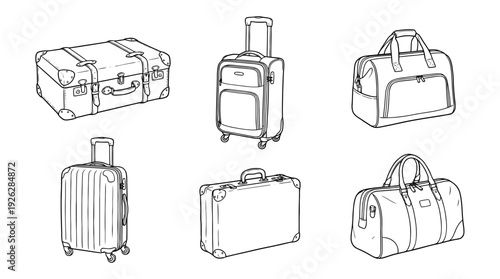 suitcases , 6 black delicate line drawings vector set collection , white background , PNG and SVG	
